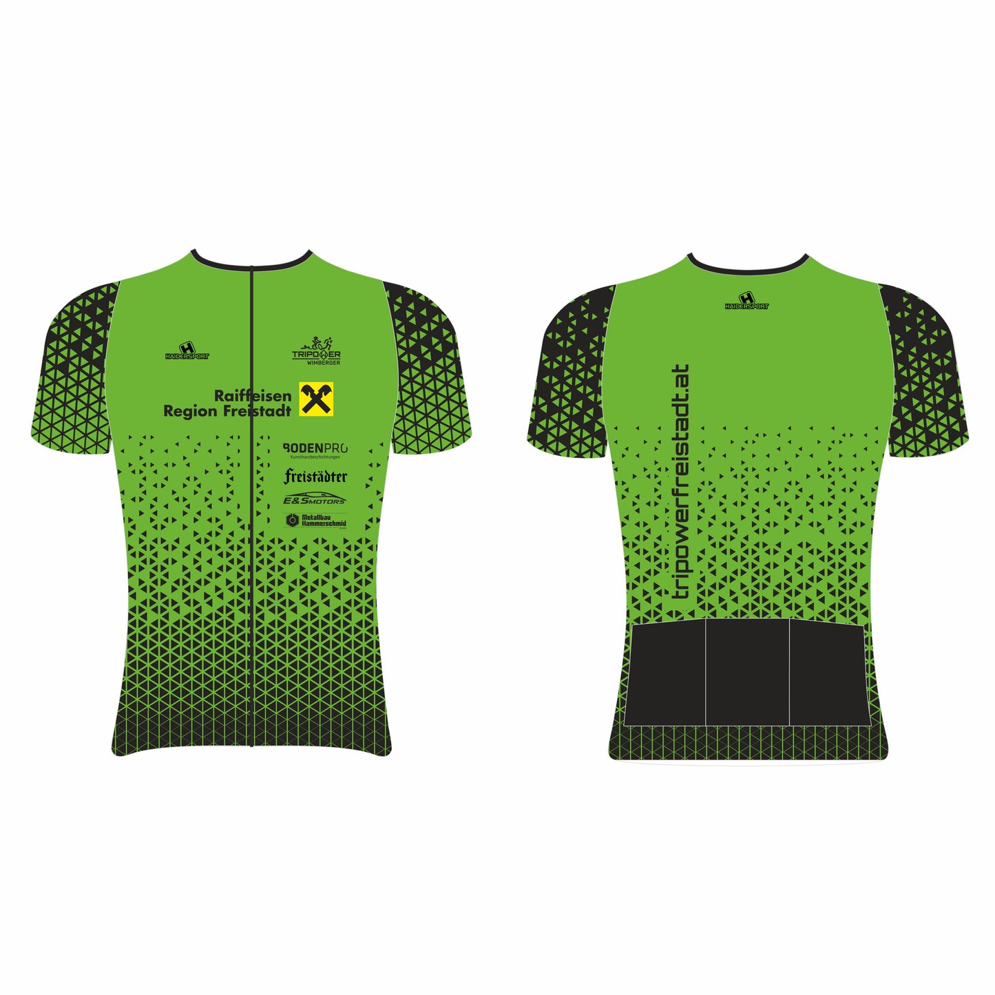 Kurzärmiges Radrikot für Unisex von Haidersport, das Tripower-Design, atmungsaktiv und sportlich, sichtbar auf dem Fahrrad.